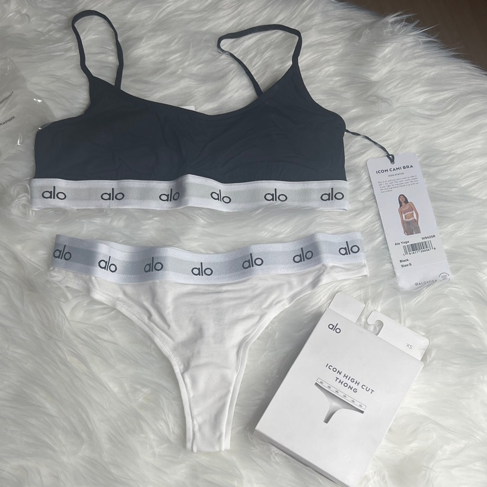 ALO Yoga blackCami Bra and White Thong Set
